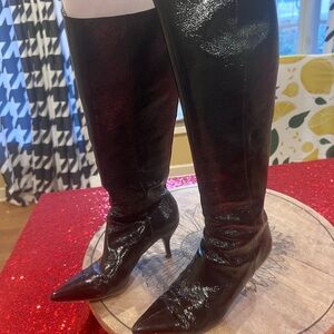 Vero cuoio black real patent leather knee high kitten heel boots silver zip 8